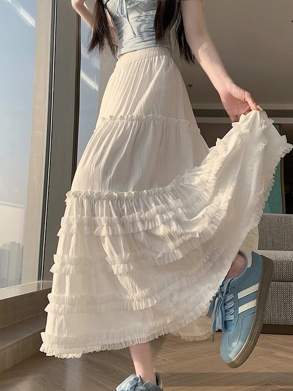 白色网纱拼接半身裙