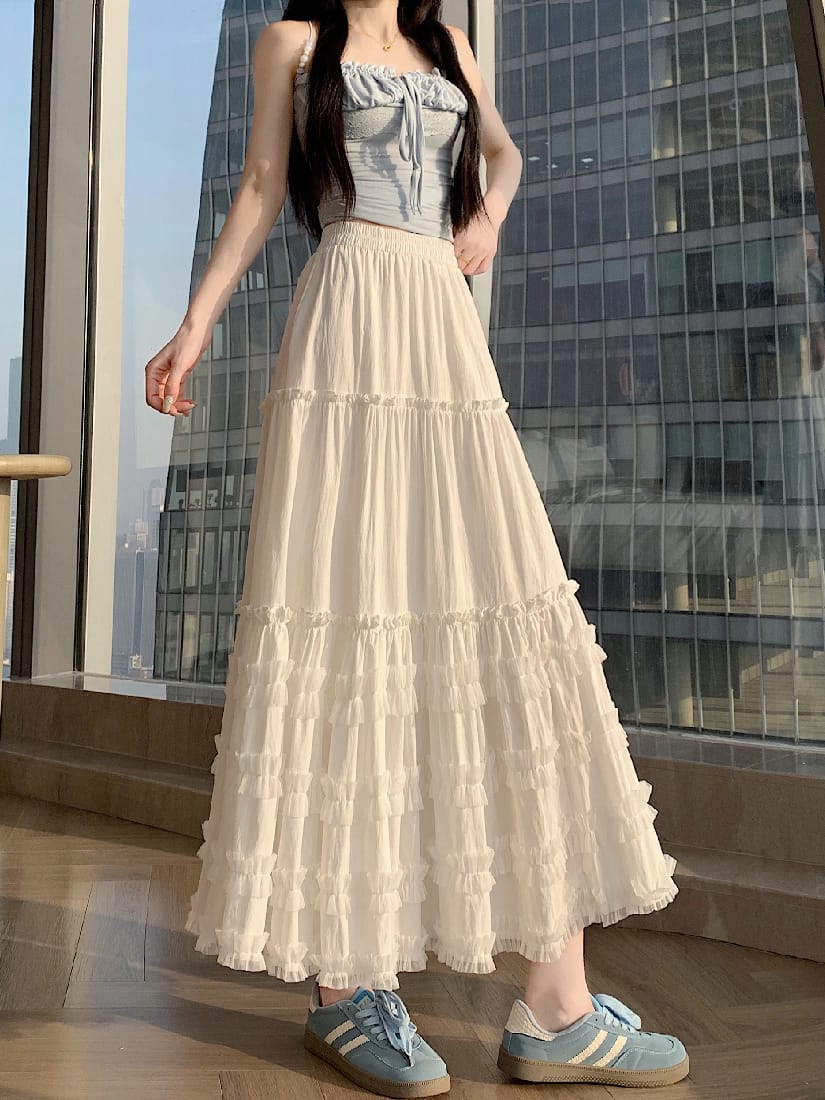 白色网纱拼接半身裙