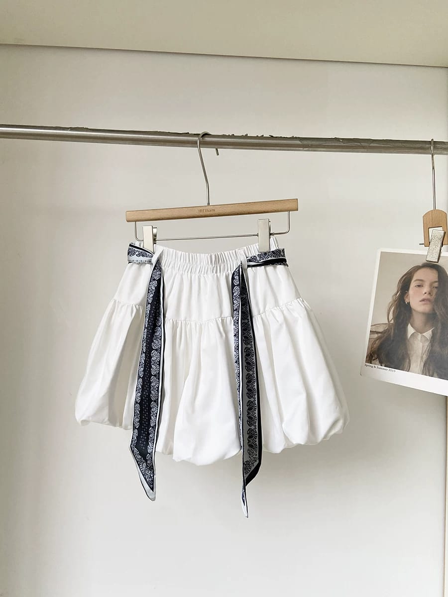 丝巾绑带高腰A字半身短裙