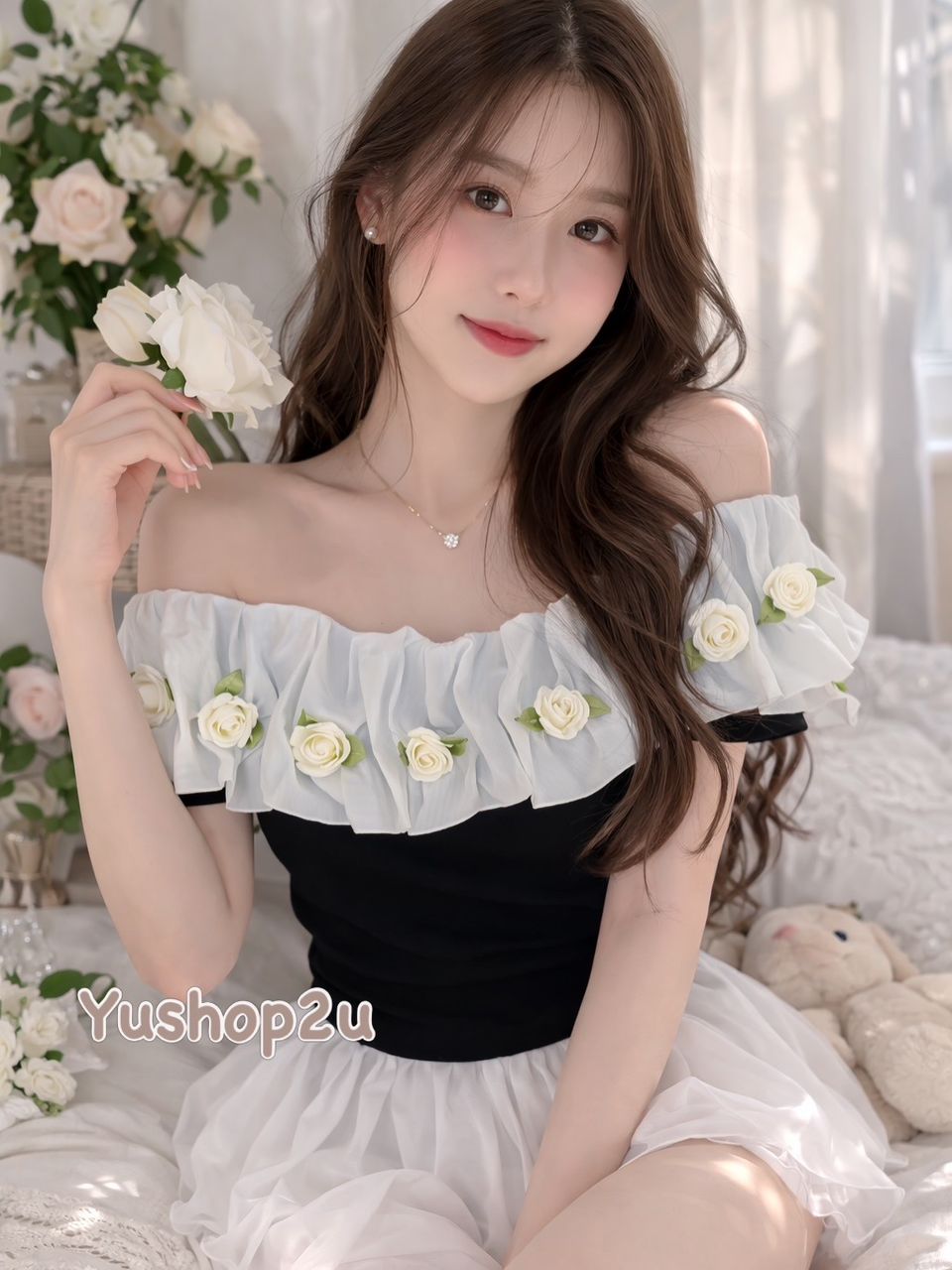 浪漫玫瑰一字肩上衣