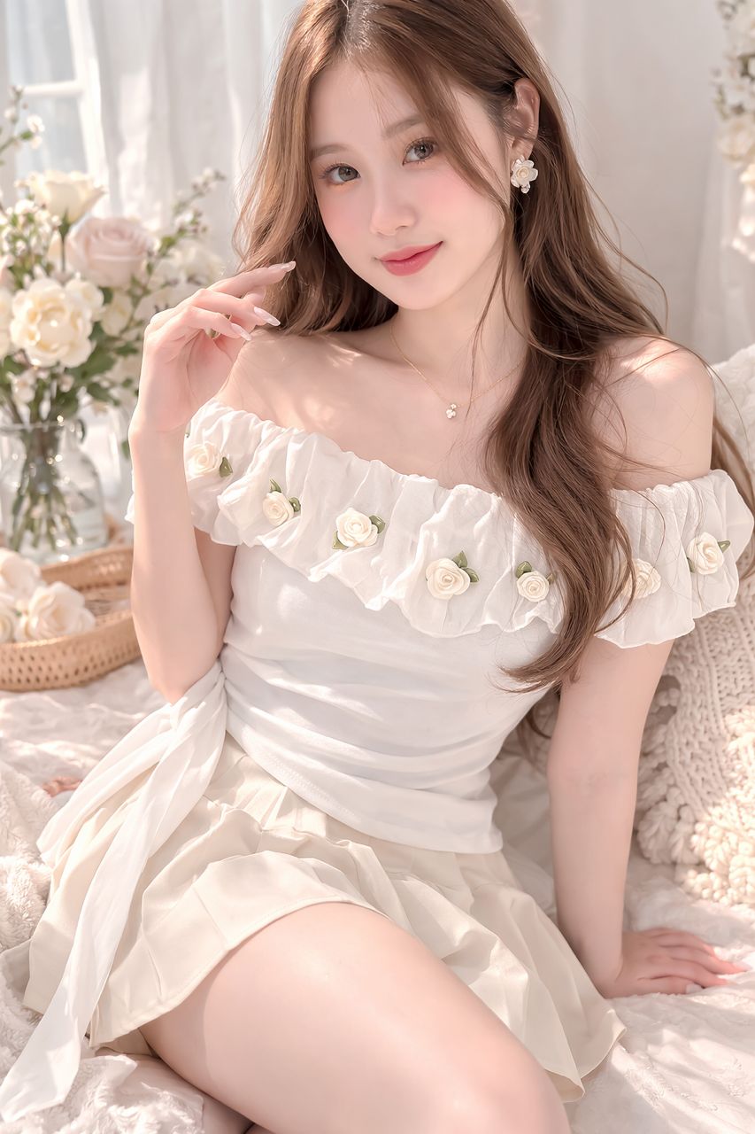 浪漫玫瑰一字肩上衣
