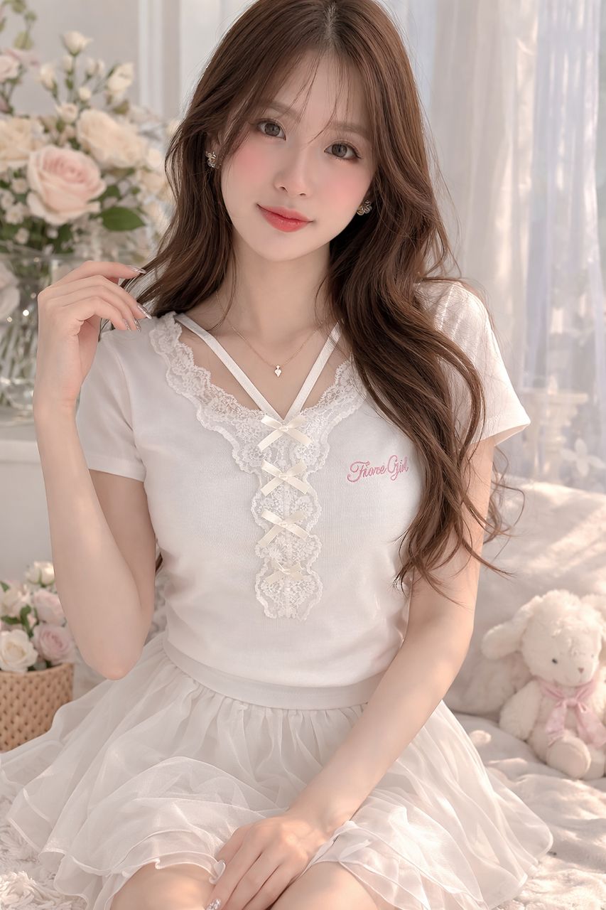 甜妹蕾丝花边短袖上衣