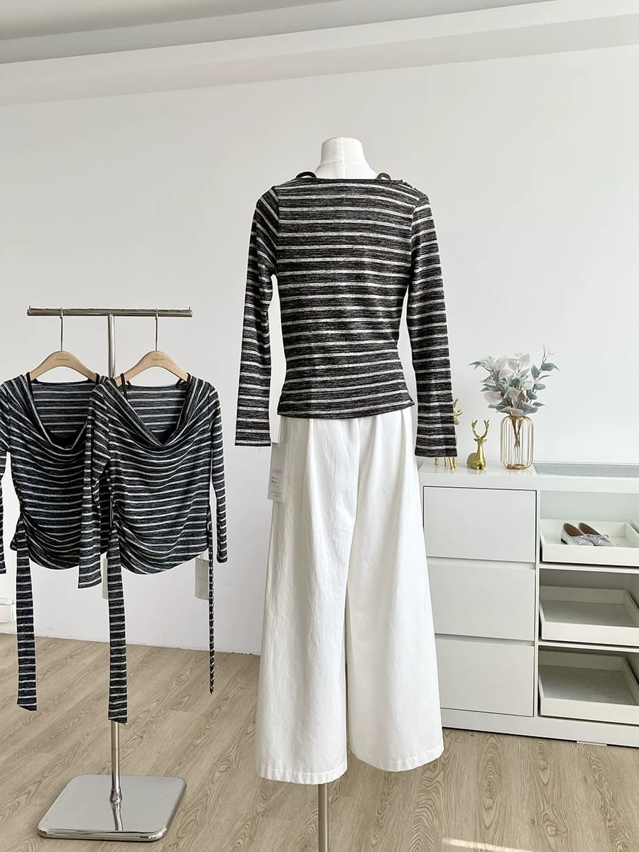 复古纯欲条纹假两件修身绑带长袖上衣