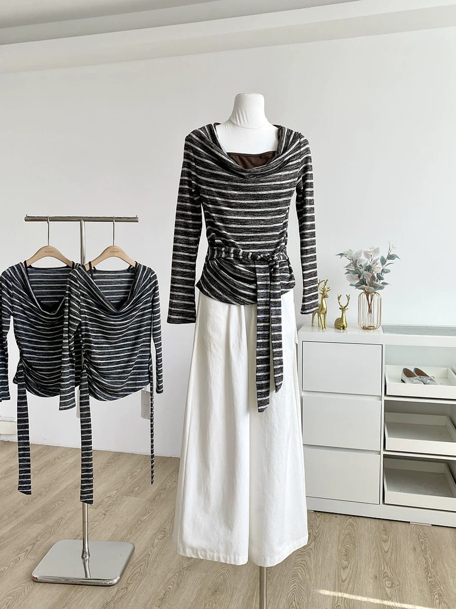 复古纯欲条纹假两件修身绑带长袖上衣