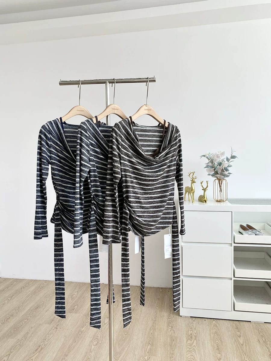 复古纯欲条纹假两件修身绑带长袖上衣