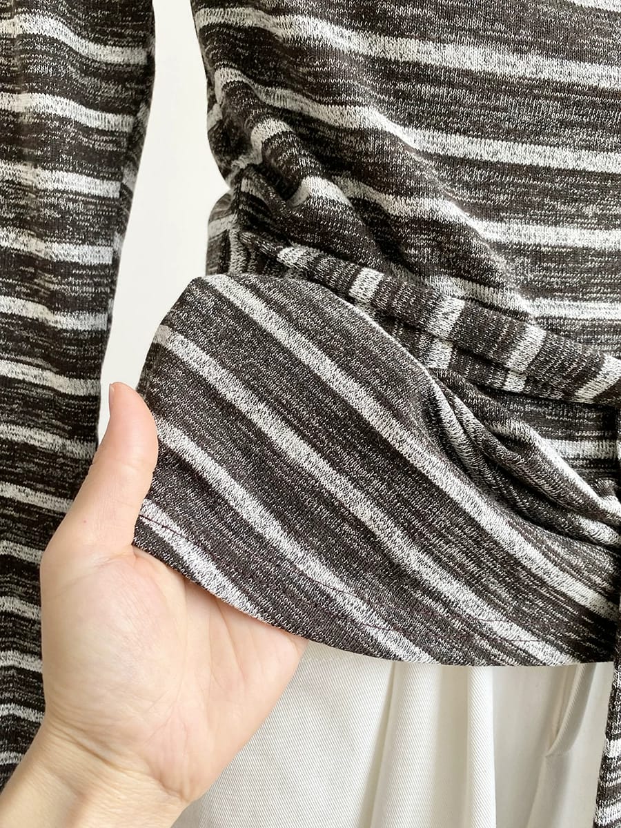 复古纯欲条纹假两件修身绑带长袖上衣