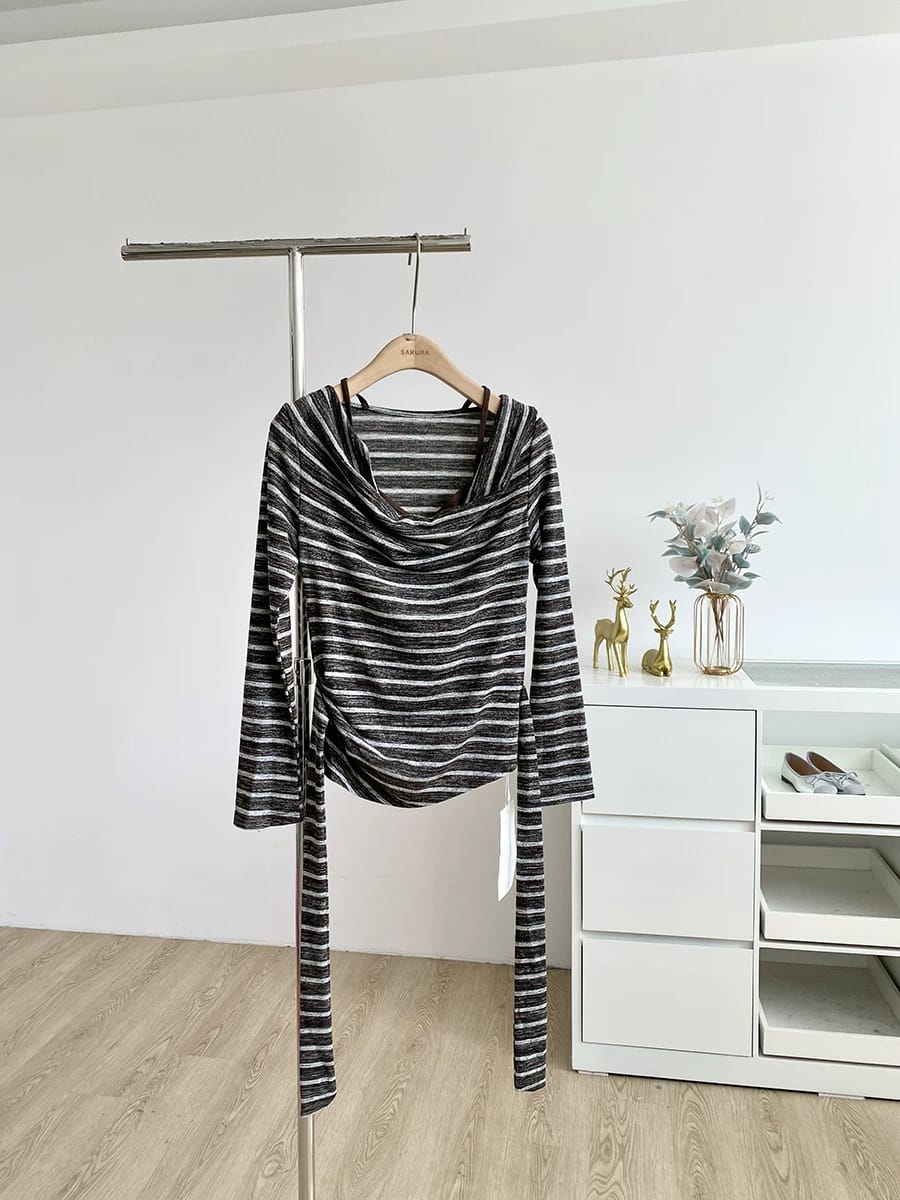 复古纯欲条纹假两件修身绑带长袖上衣