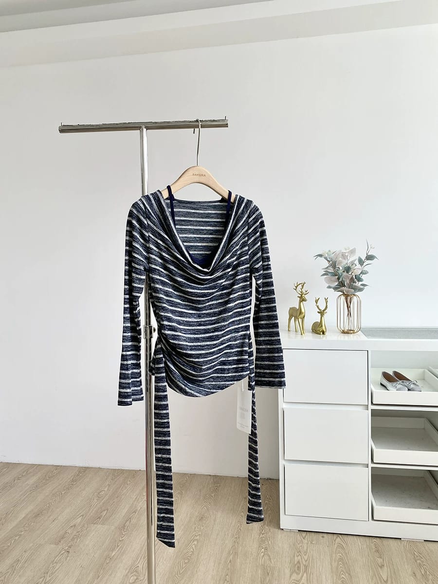 复古纯欲条纹假两件修身绑带长袖上衣