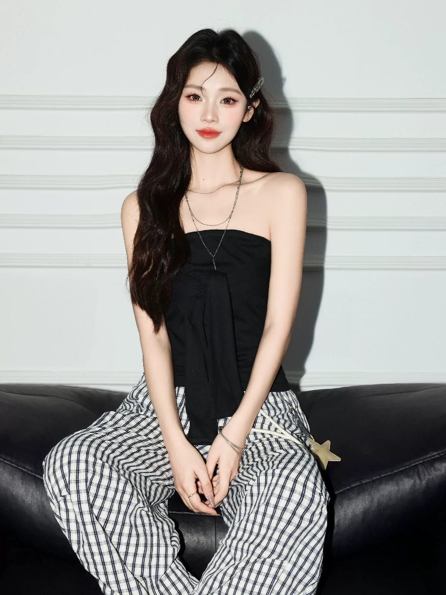 绑带蝴蝶结抹胸上衣