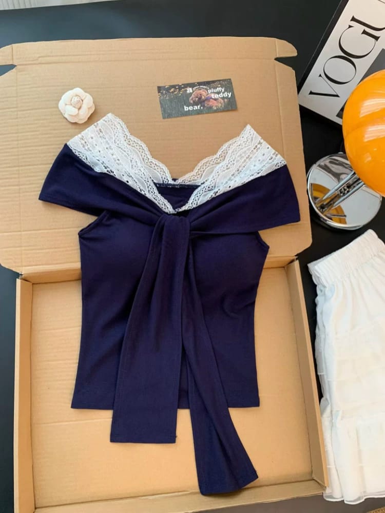 纯欲假两件蕾丝花边V领绑带短袖