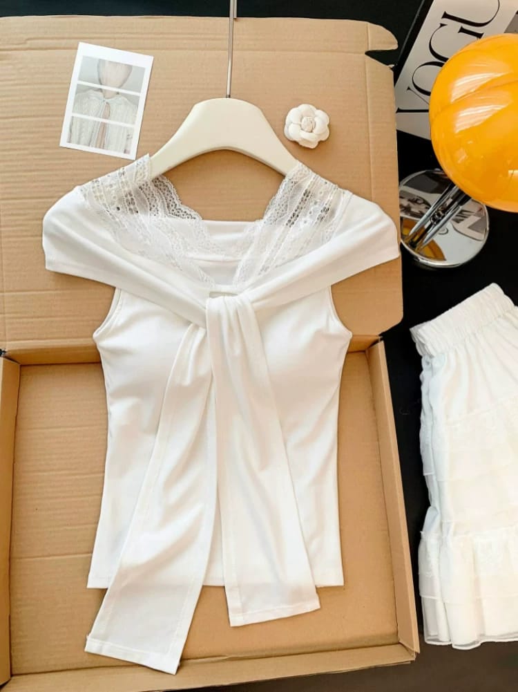 纯欲假两件蕾丝花边V领绑带短袖