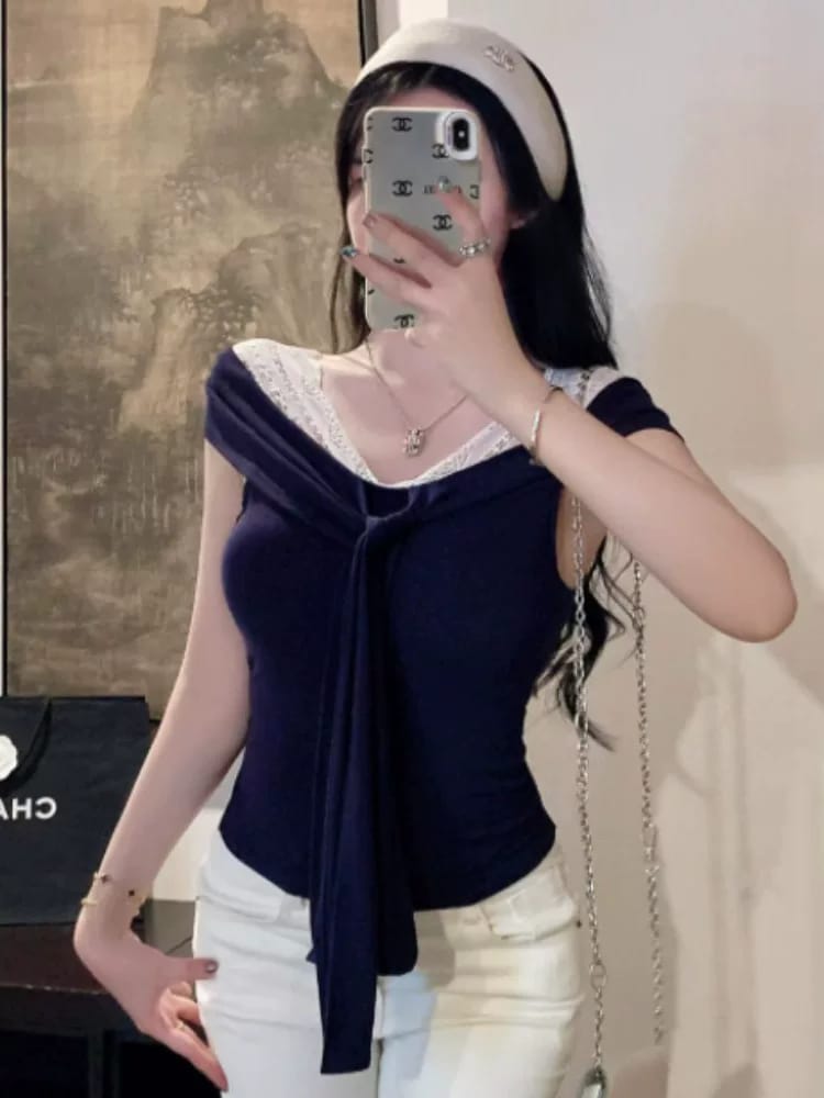 纯欲假两件蕾丝花边V领绑带短袖