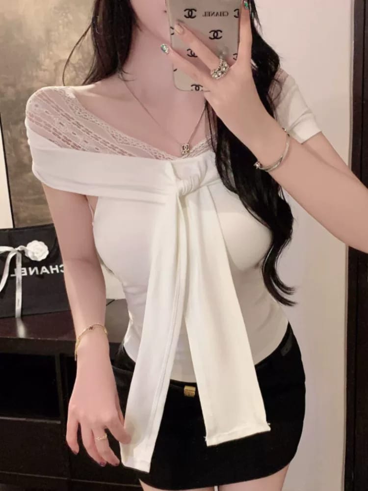 纯欲假两件蕾丝花边V领绑带短袖