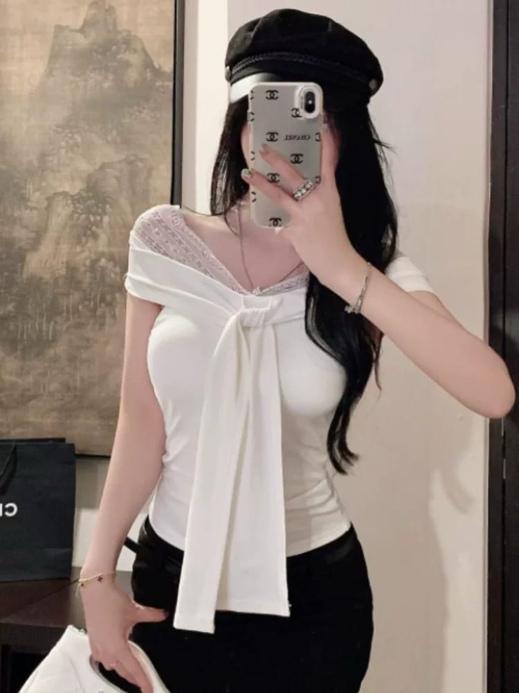 纯欲假两件蕾丝花边V领绑带短袖