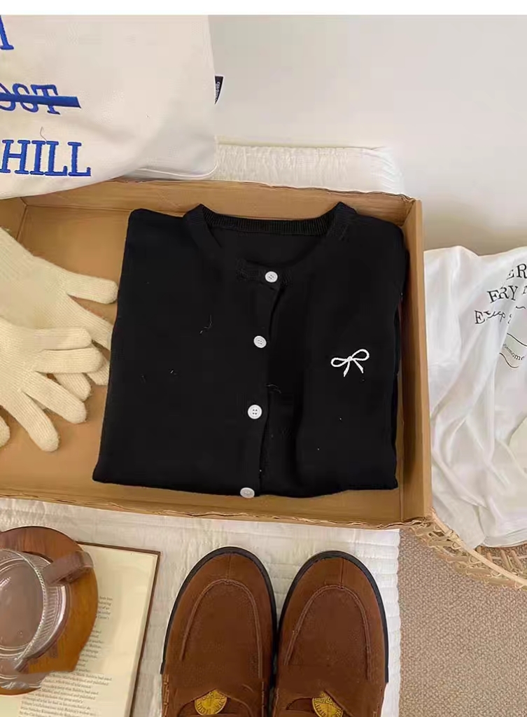 蝴蝶结刺绣针织开衫毛衣外套