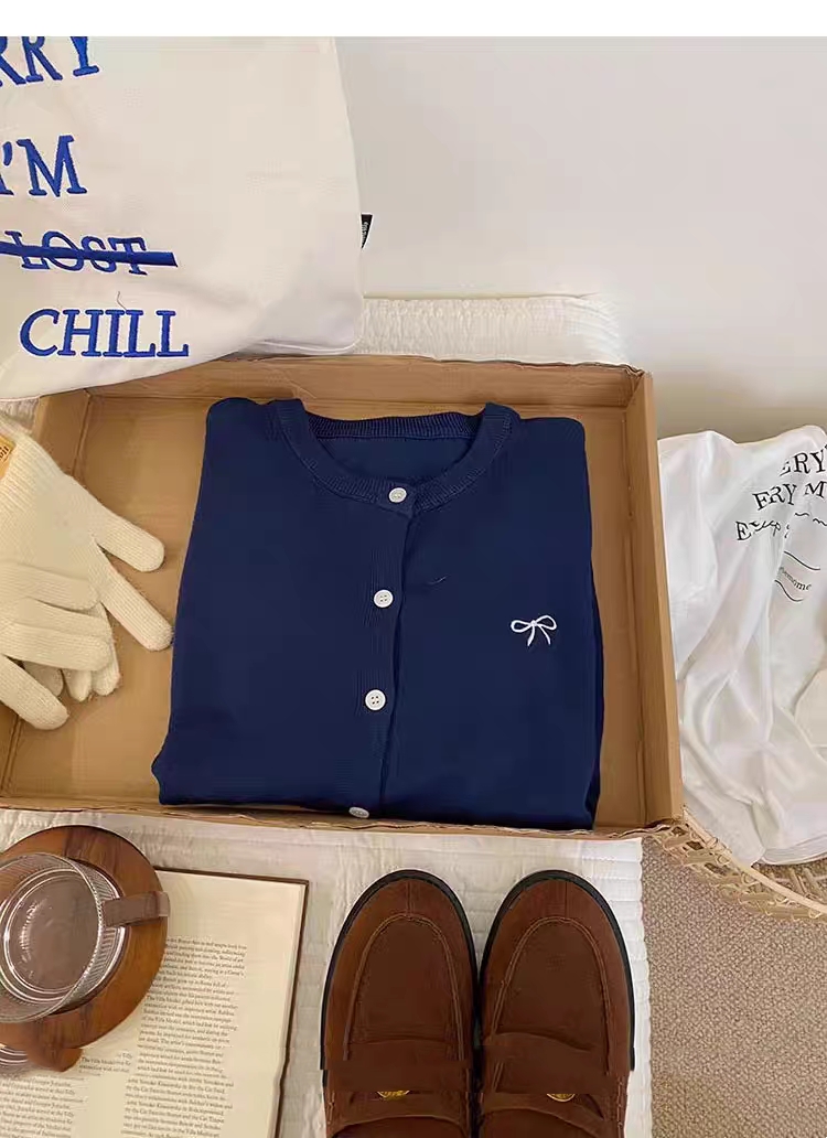 蝴蝶结刺绣针织开衫毛衣外套