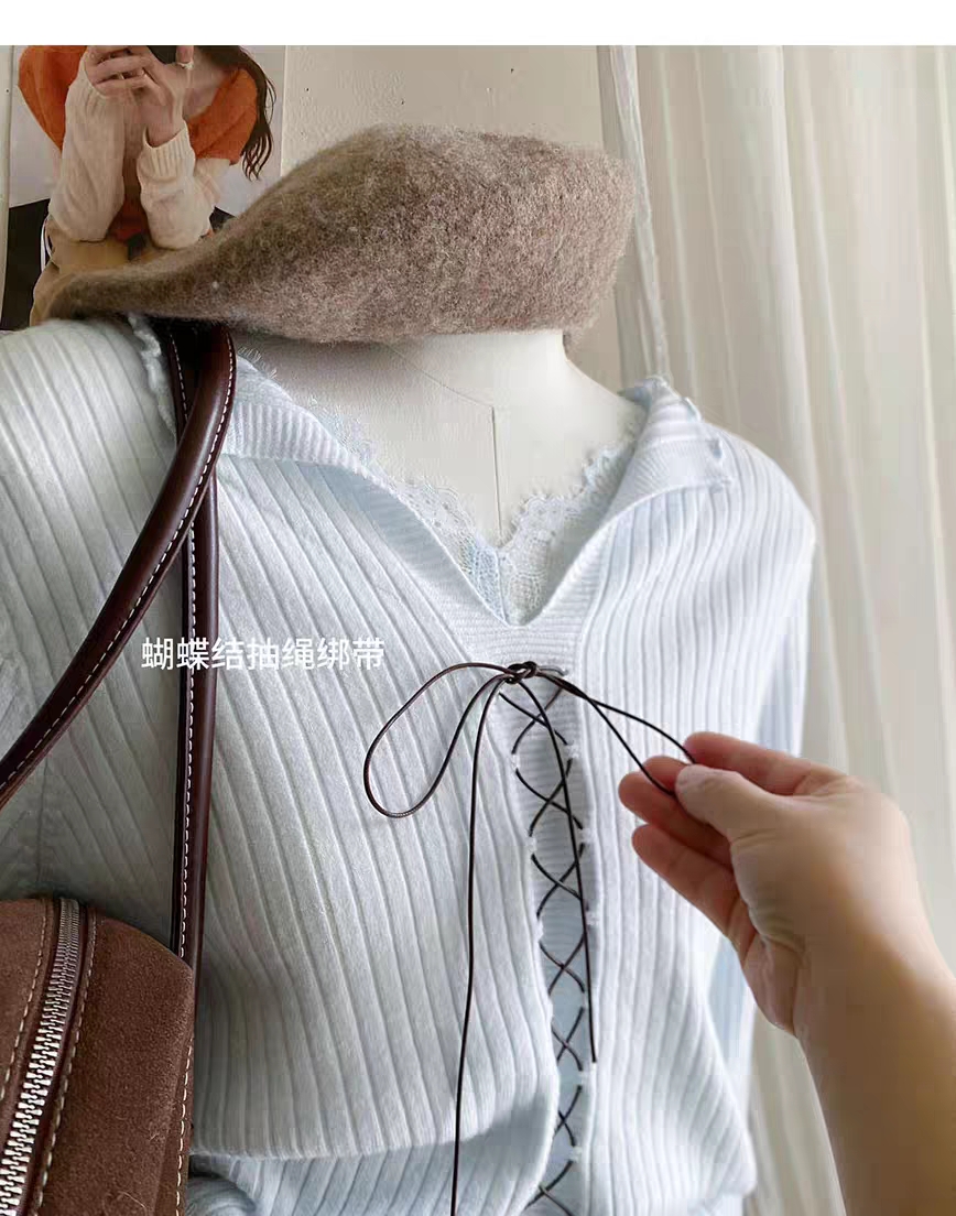 法式温柔风蕾丝拼接系带V领针织毛衣