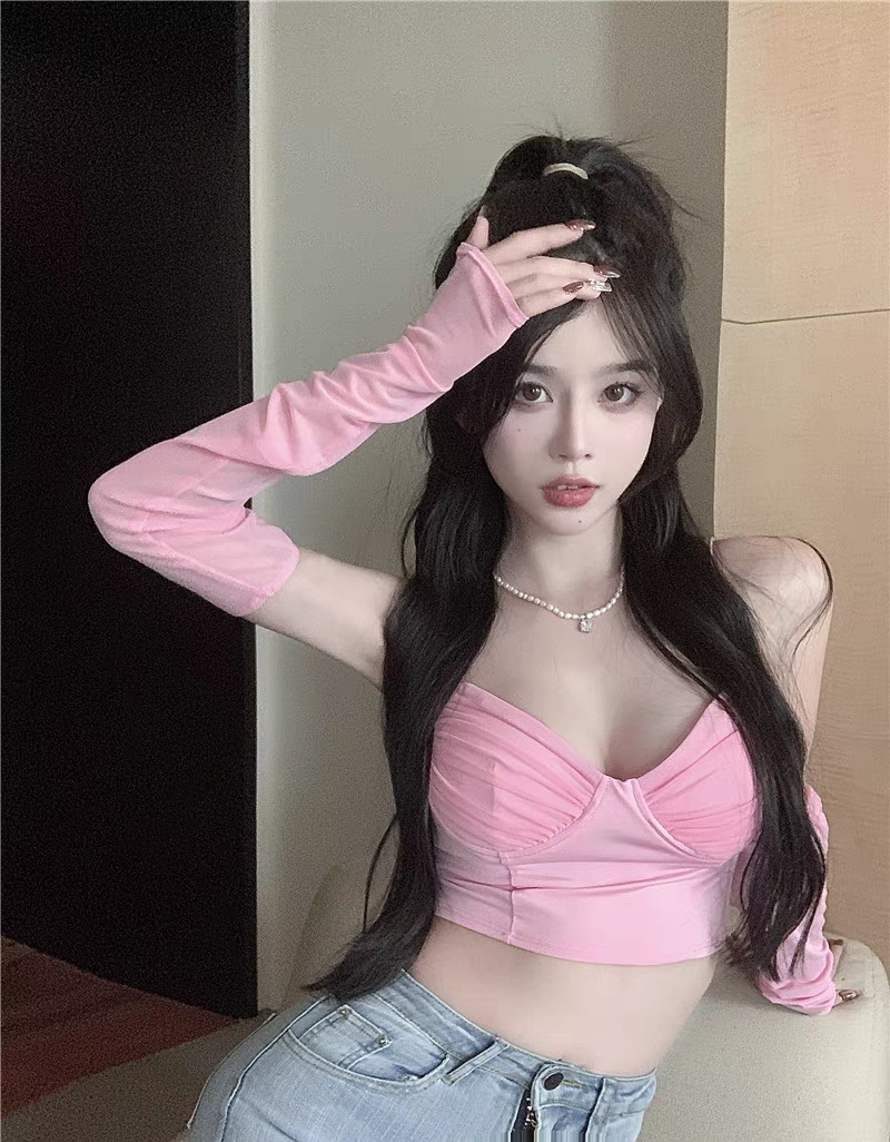 夜店性感粉色纯欲甜辣风深V低胸露背短款修身百搭吊带上衣送袖套sexy set