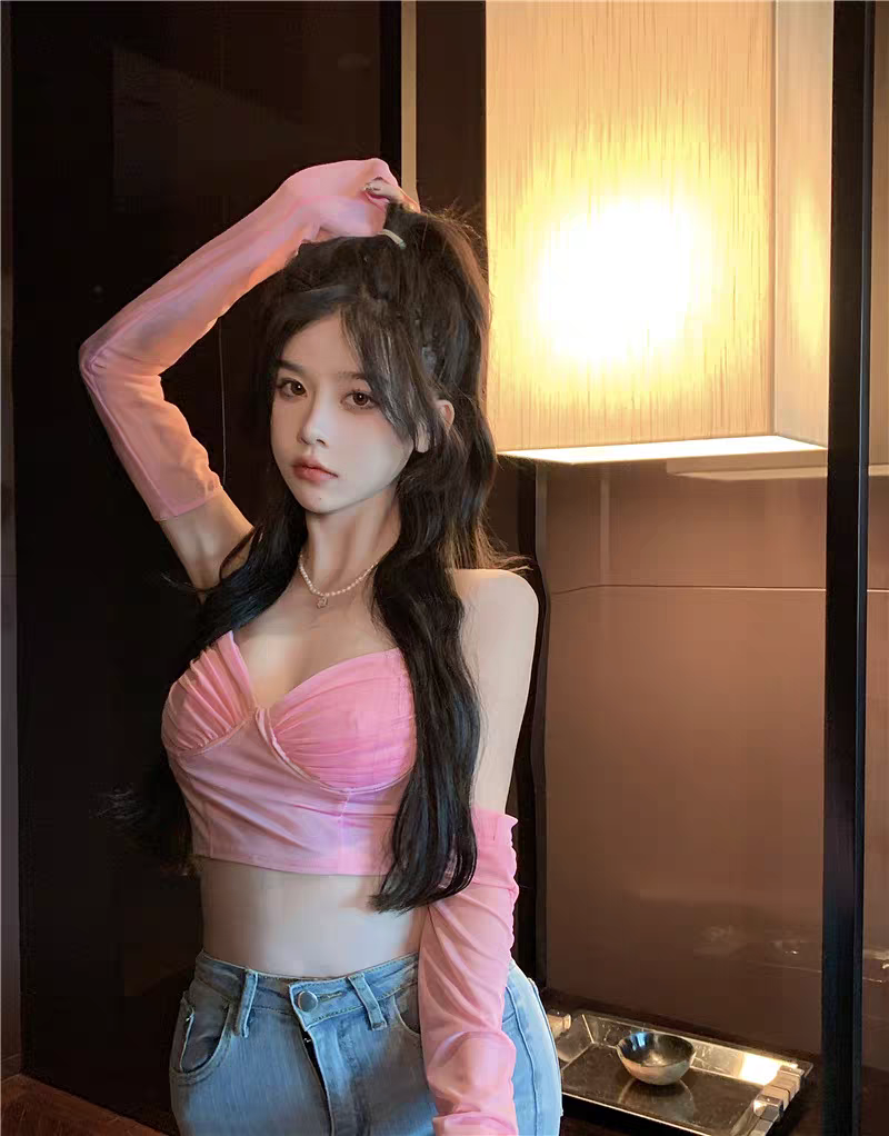 夜店性感粉色纯欲甜辣风深V低胸露背短款修身百搭吊带上衣送袖套sexy set