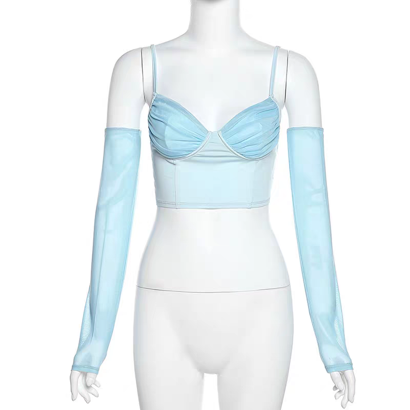 夜店性感粉色纯欲甜辣风深V低胸露背短款修身百搭吊带上衣送袖套sexy set