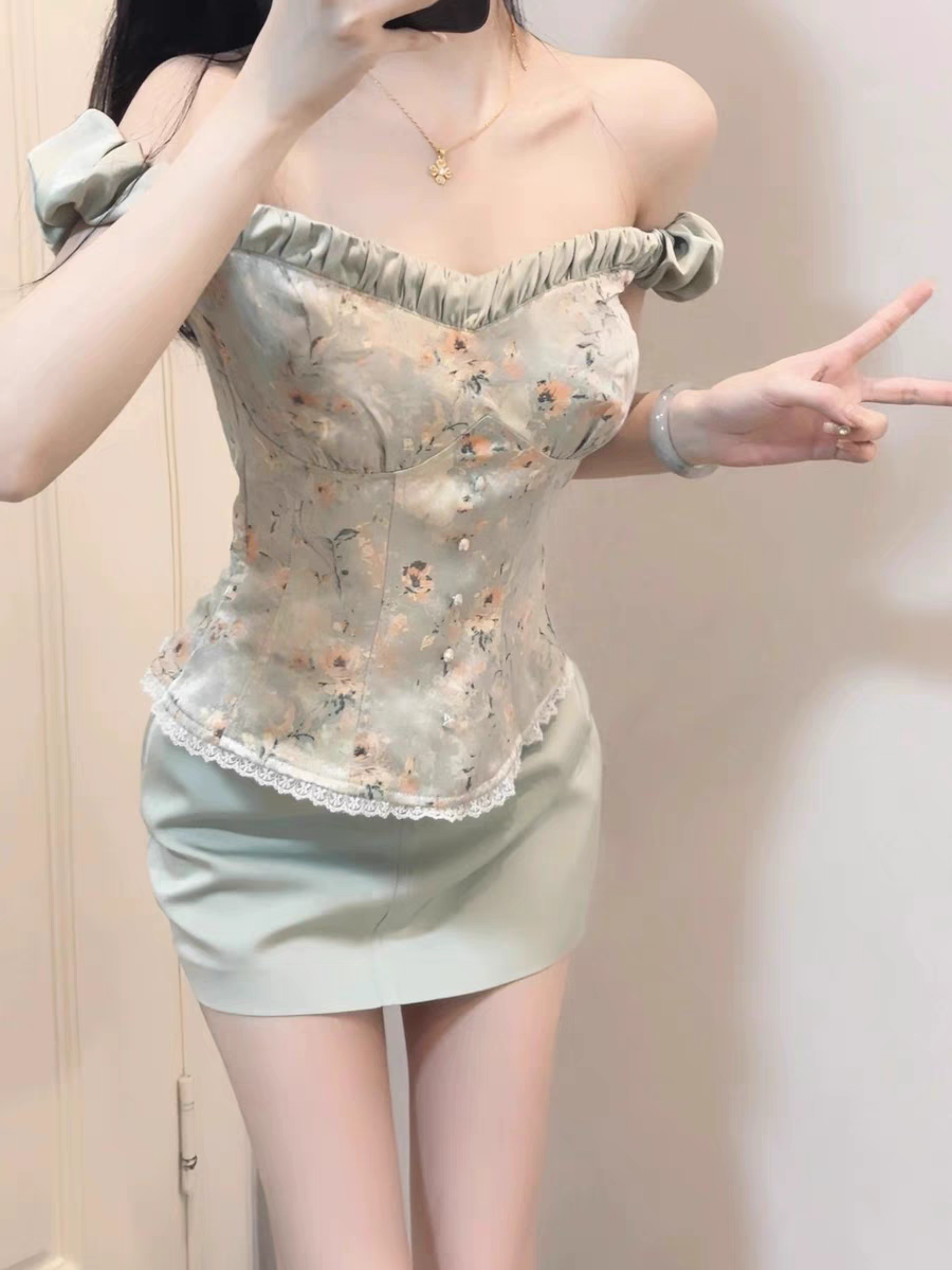 立體浮雕提花一字肩套裝