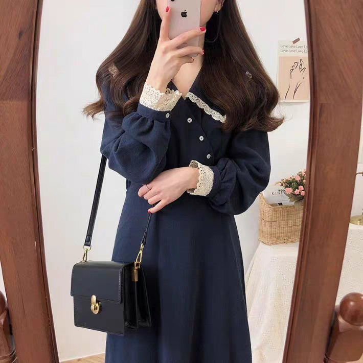 春秋洋气法国小众复古韩版气质长裙超仙连衣裙女过膝学生超仙裙子