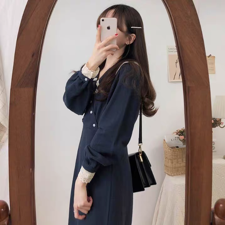 春秋洋气法国小众复古韩版气质长裙超仙连衣裙女过膝学生超仙裙子