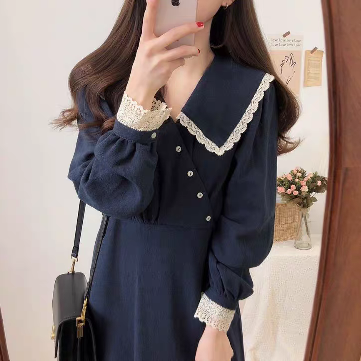 春秋洋气法国小众复古韩版气质长裙超仙连衣裙女过膝学生超仙裙子