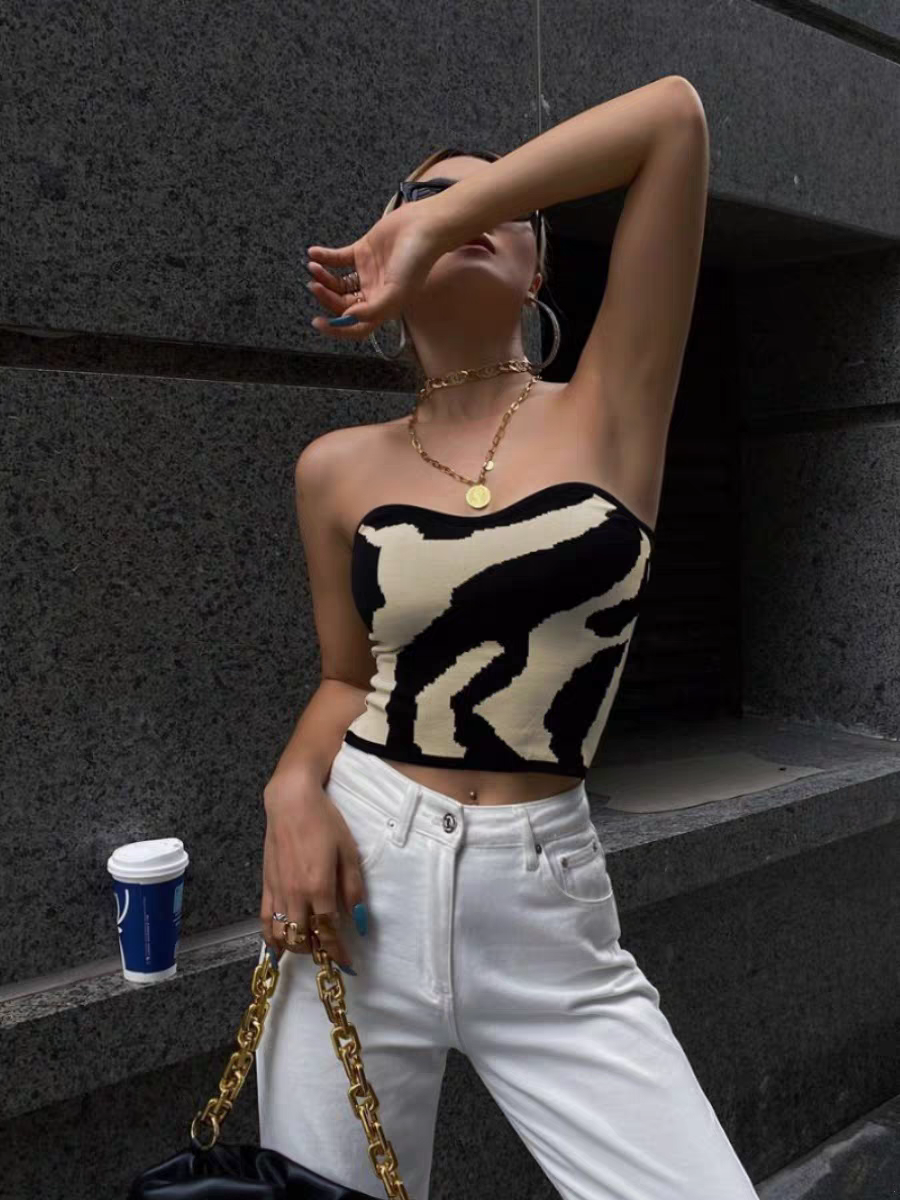 设计感拼色抹胸短款修身上衣女春夏季奶牛纹辣妹T恤打底外穿裹胸