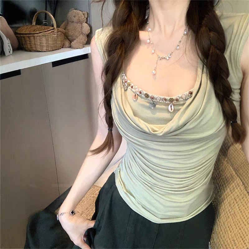 法式高级感贝壳挂饰荡领无袖背心女夏季褶皱设计小衫修身显瘦上衣