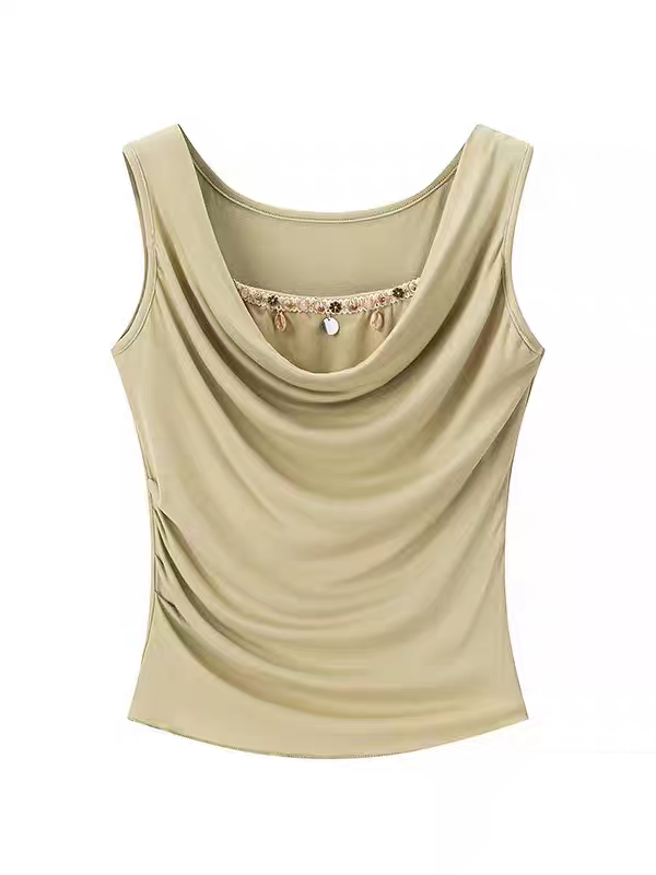 法式高级感贝壳挂饰荡领无袖背心女夏季褶皱设计小衫修身显瘦上衣