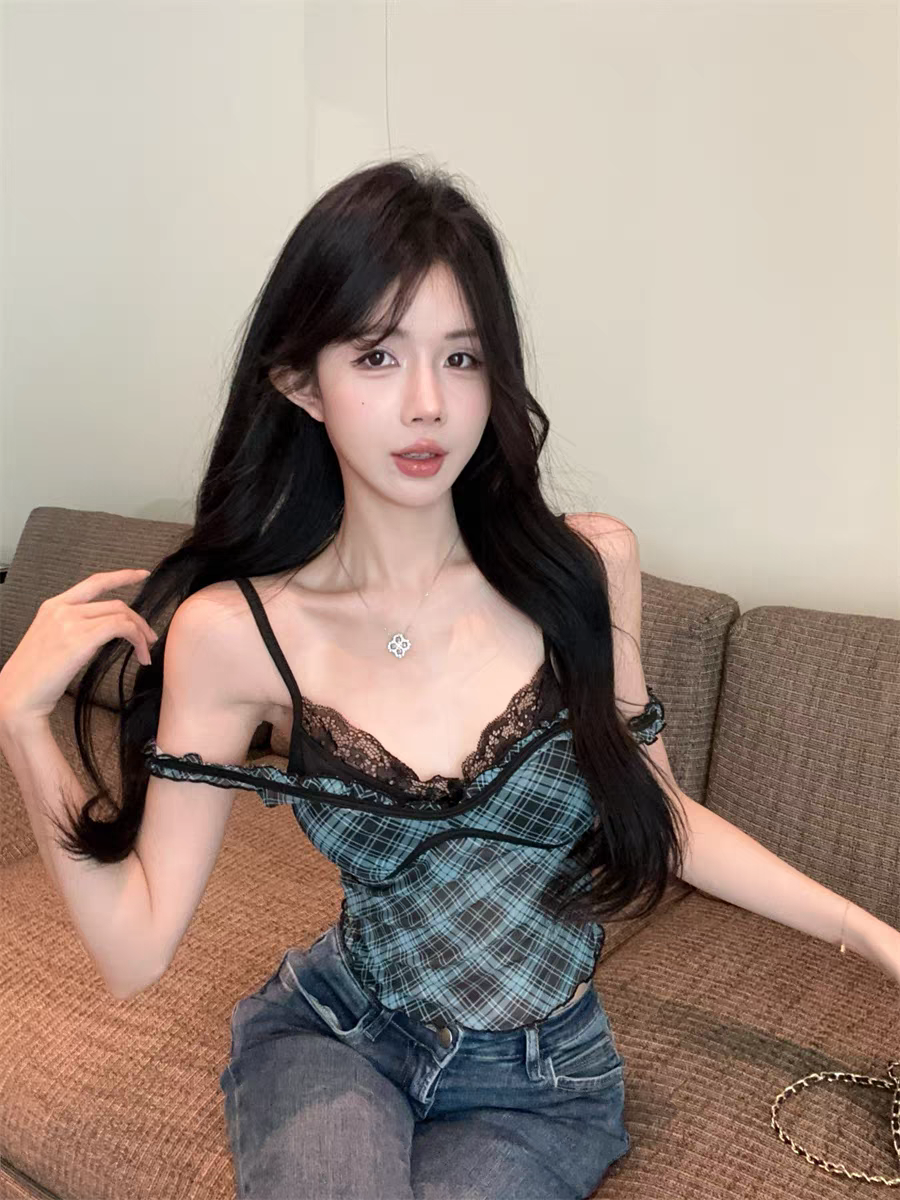 复古格纹印花假二件吊带背心女蕾丝拼接胸型木耳边上衣夏免穿内衣