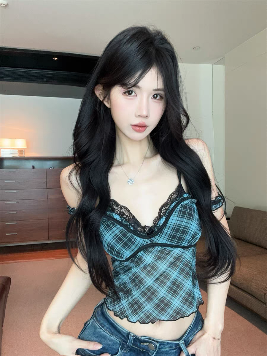 复古格纹印花假二件吊带背心女蕾丝拼接胸型木耳边上衣夏免穿内衣