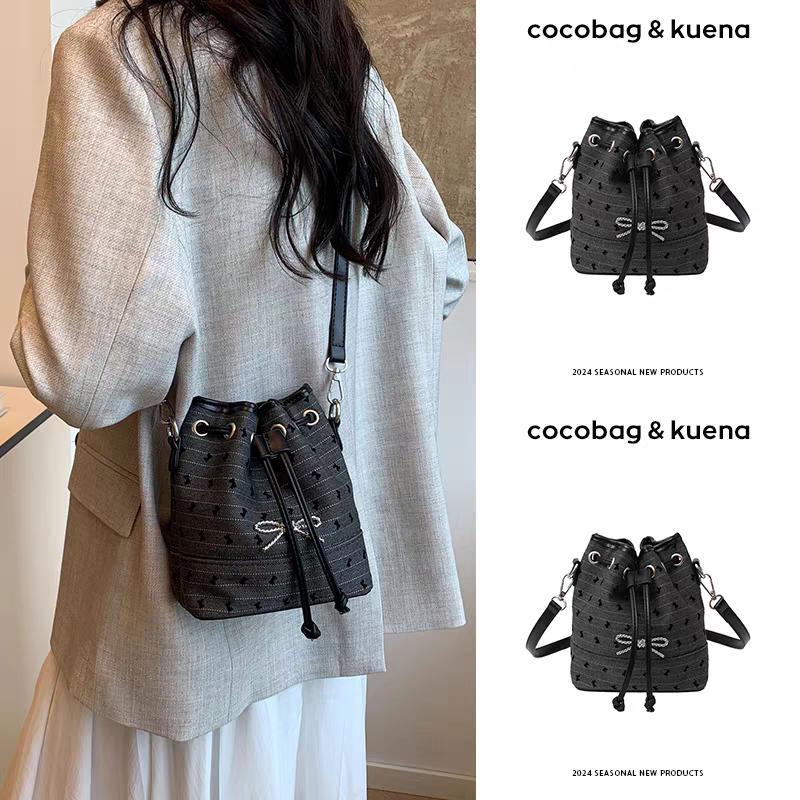 蝴蝶结/波点印花 单肩斜挎抽绳水桶包