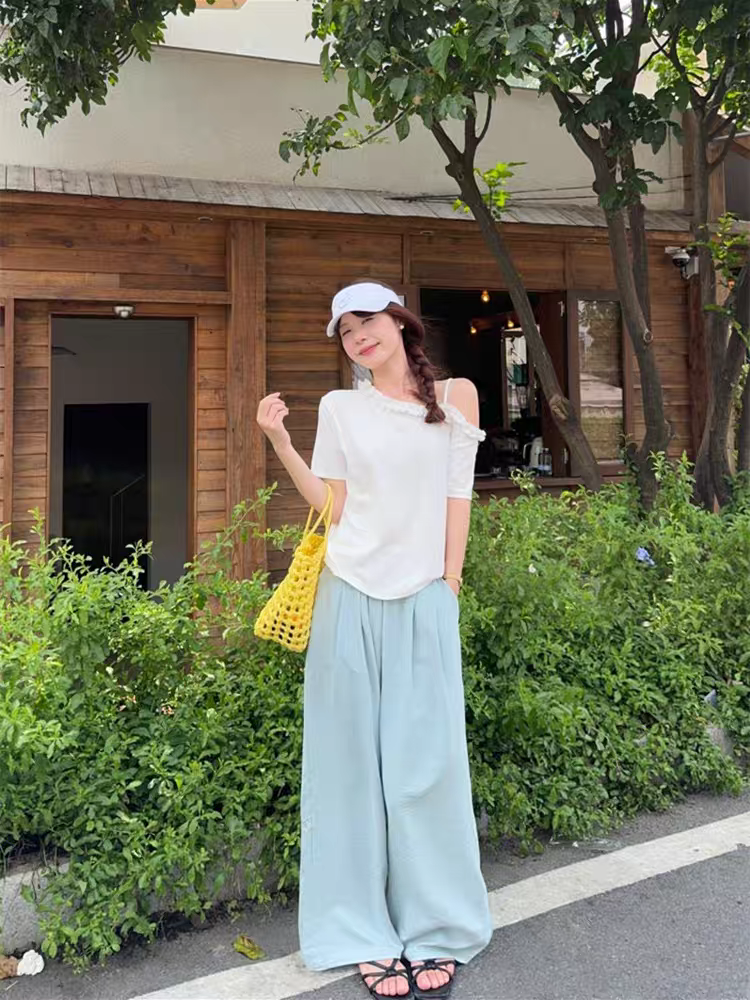 韩系木耳边设计感斜领露肩短袖t恤女夏季纯色休闲百搭显瘦上衣ins