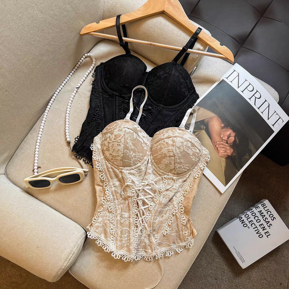 系带抹胸蕾丝吊带鱼骨上衣