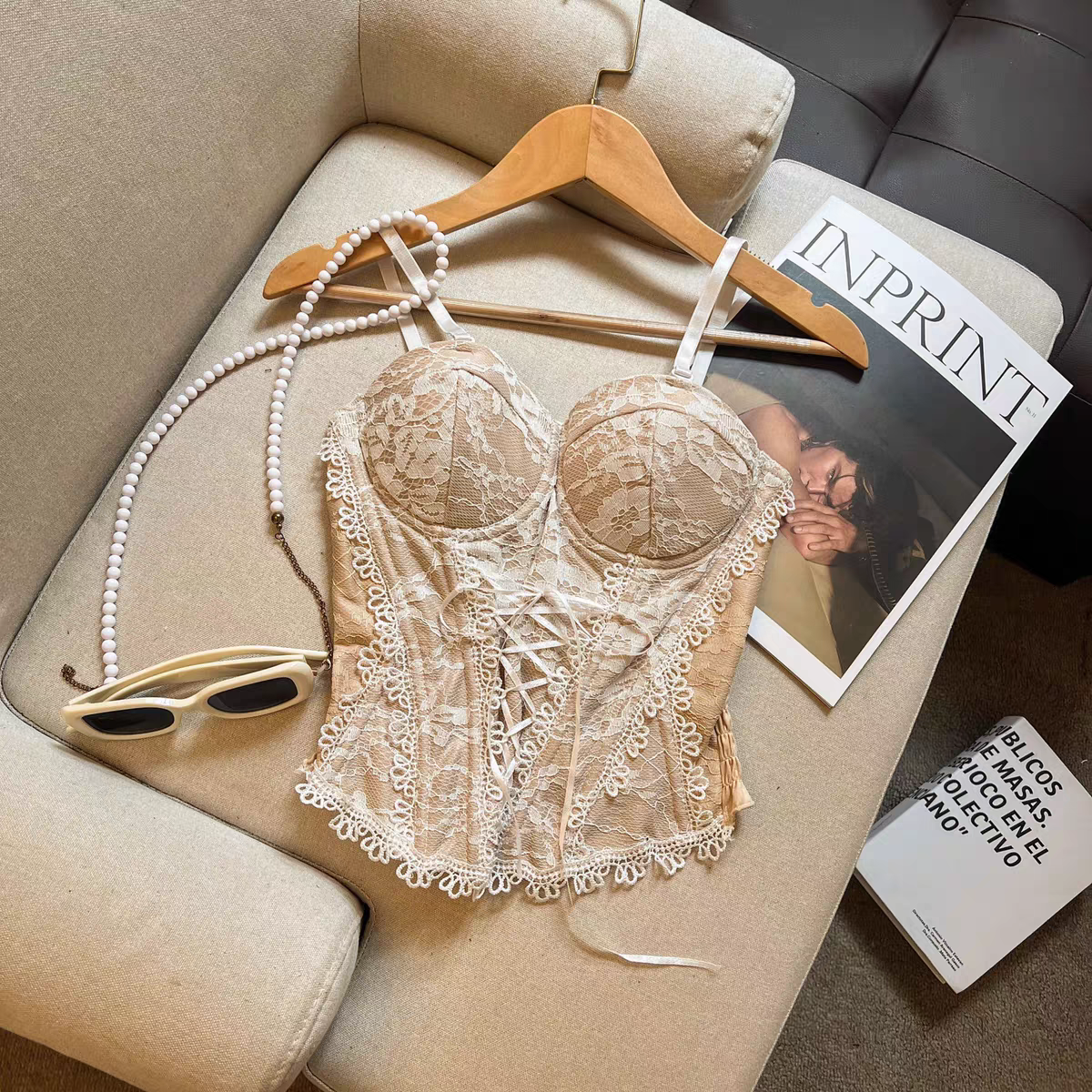 系带抹胸蕾丝吊带鱼骨上衣