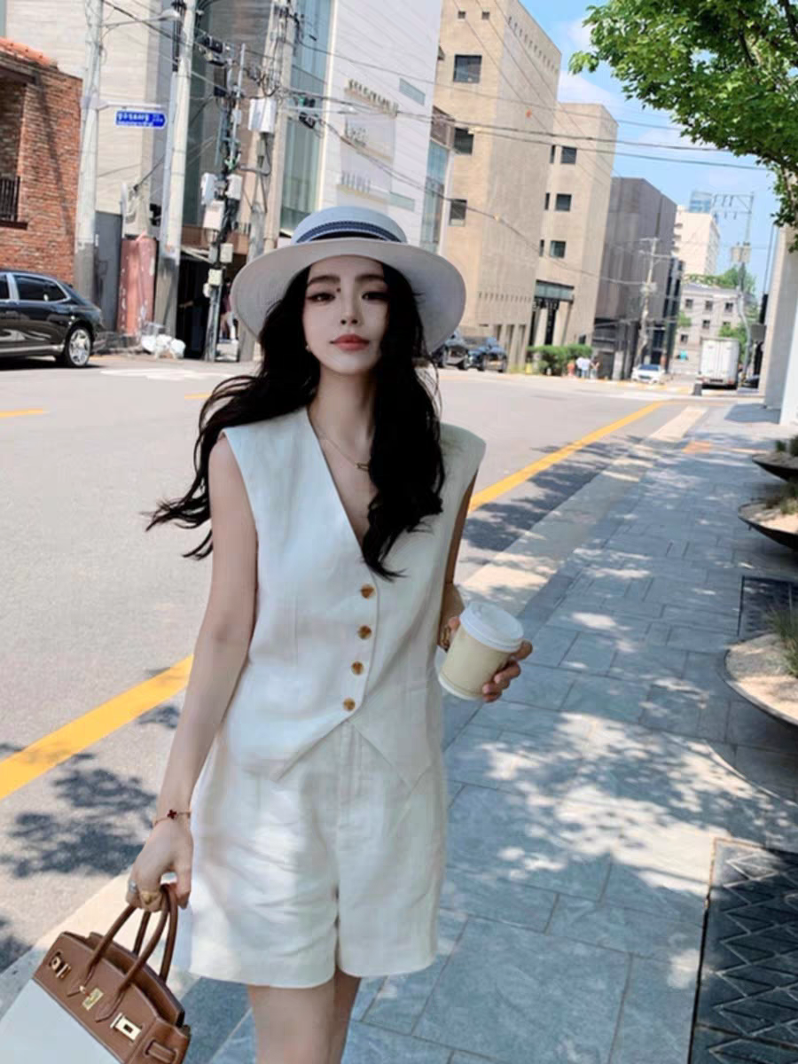 亚麻无袖高级感马甲短裤两件套2in1set