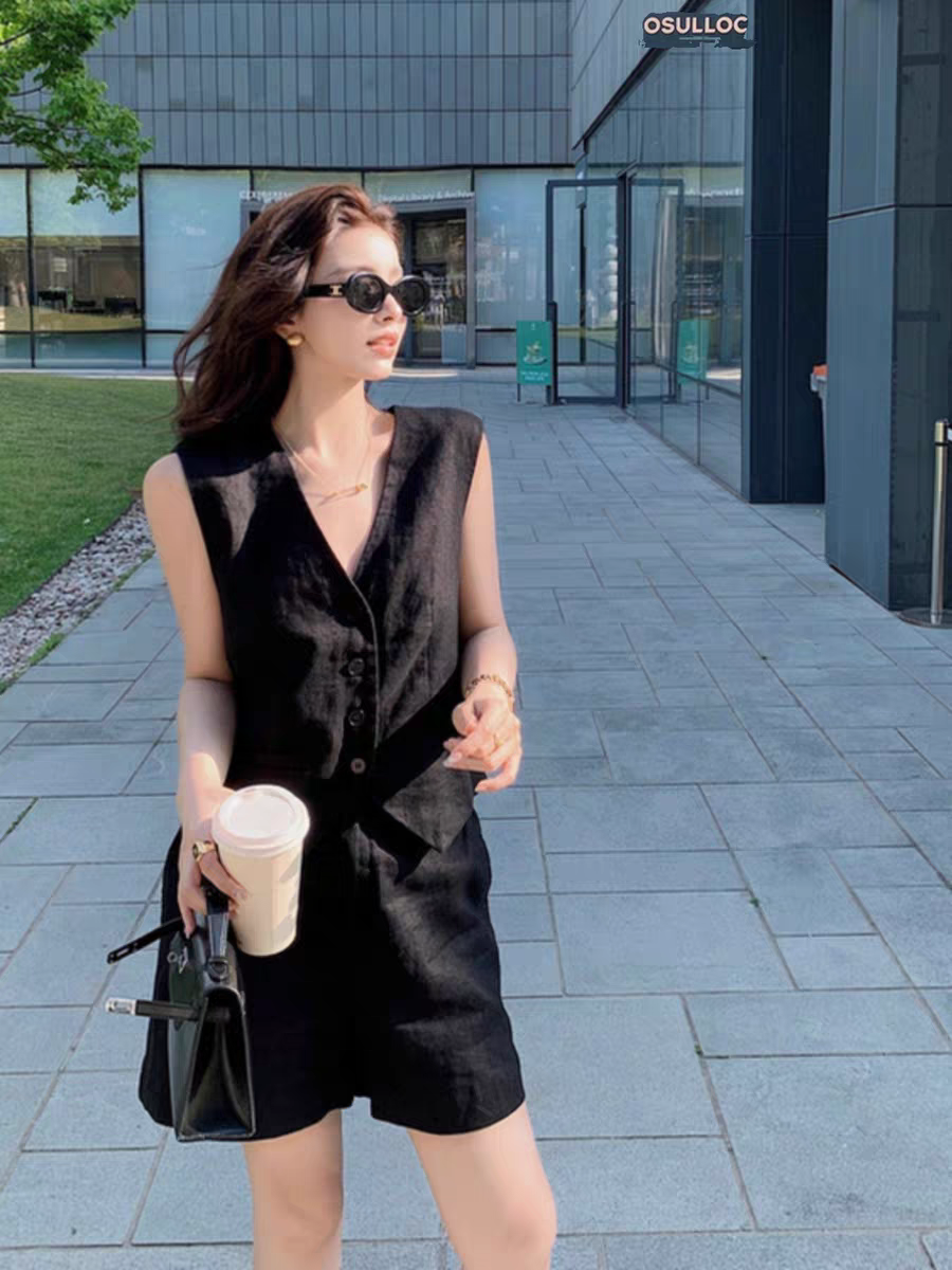 亚麻无袖高级感马甲短裤两件套2in1set