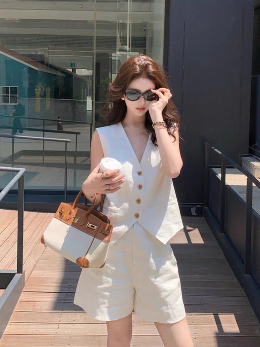 亚麻无袖高级感马甲短裤两件套2in1set