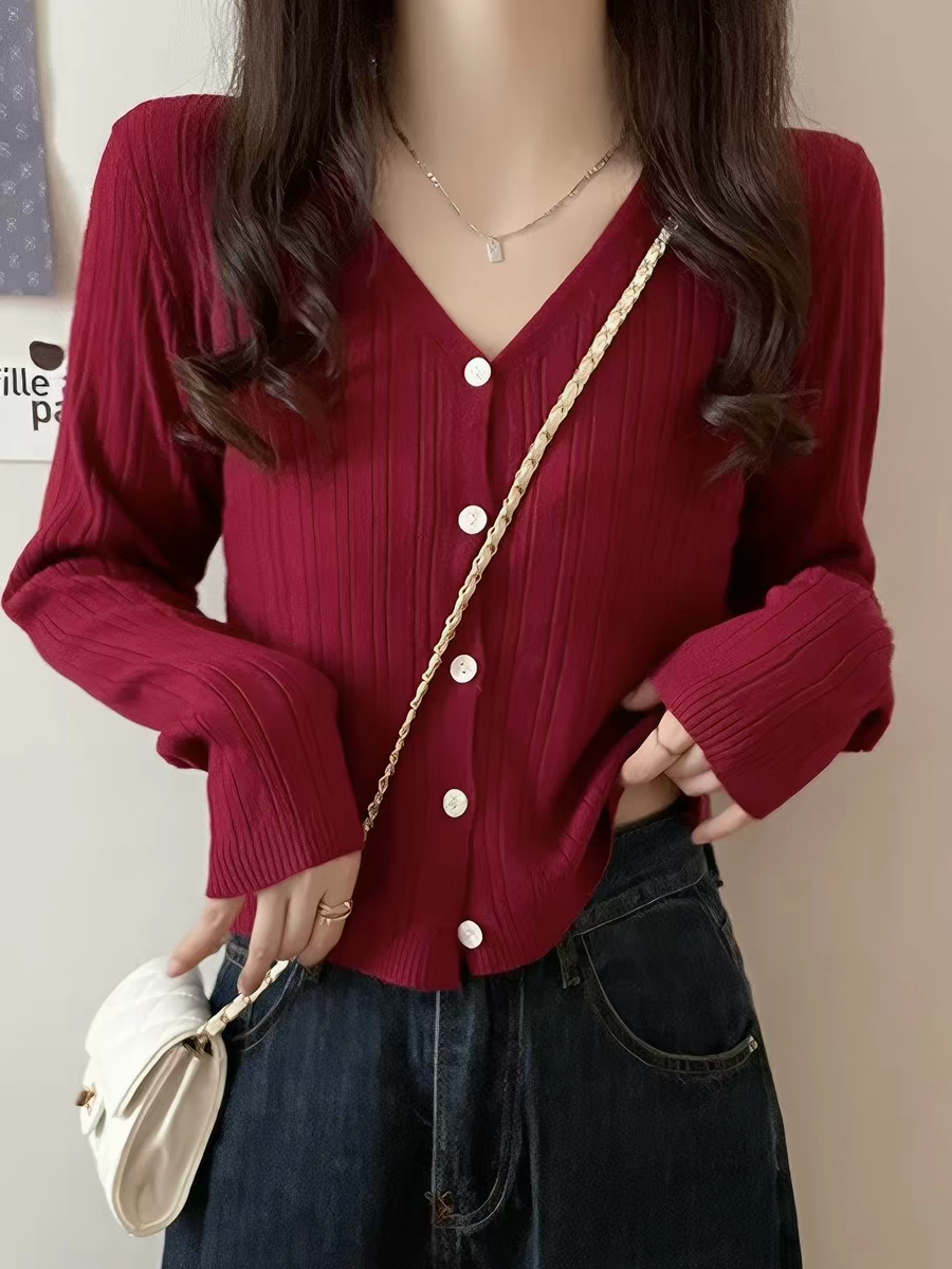 V领软糯长袖针织开衫薄外套