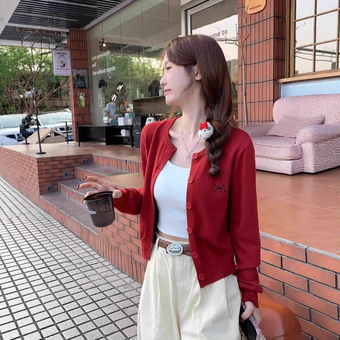 蝴蝶结刺绣针织开衫毛衣外套