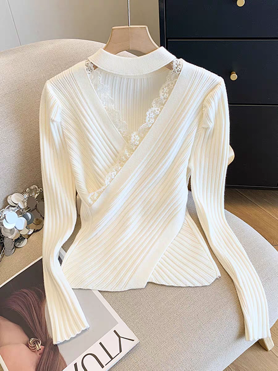 法式挂脖V领蕾丝拼接针织衫