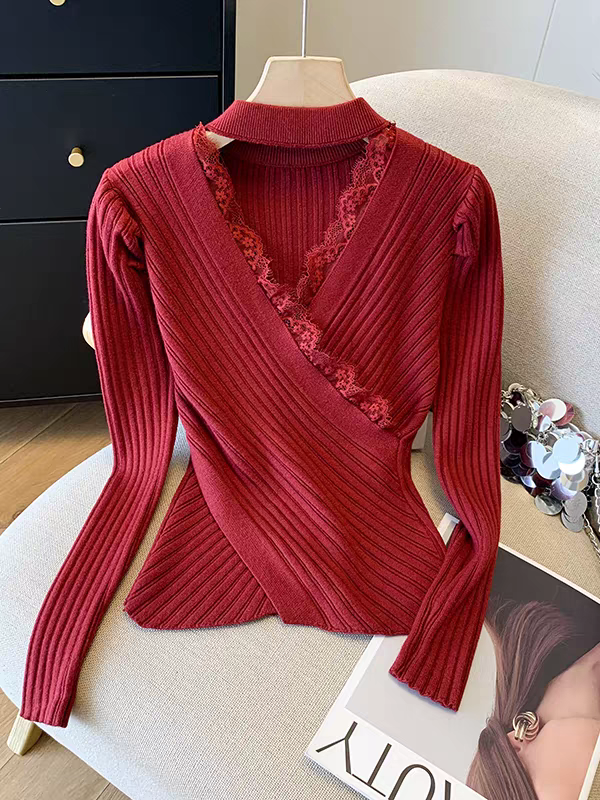 法式挂脖V领蕾丝拼接针织衫