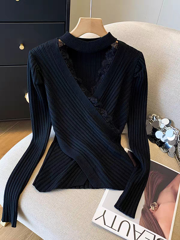 法式挂脖V领蕾丝拼接针织衫