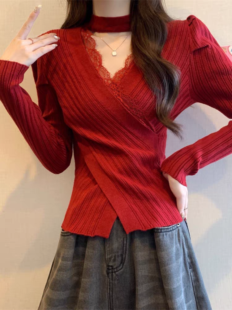 法式挂脖V领蕾丝拼接针织衫