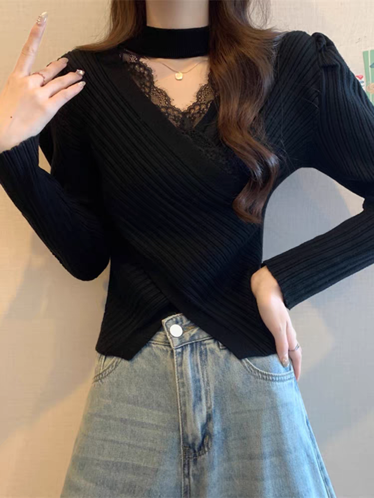 法式挂脖V领蕾丝拼接针织衫