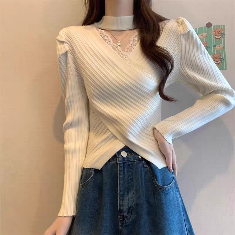 法式挂脖V领蕾丝拼接针织衫