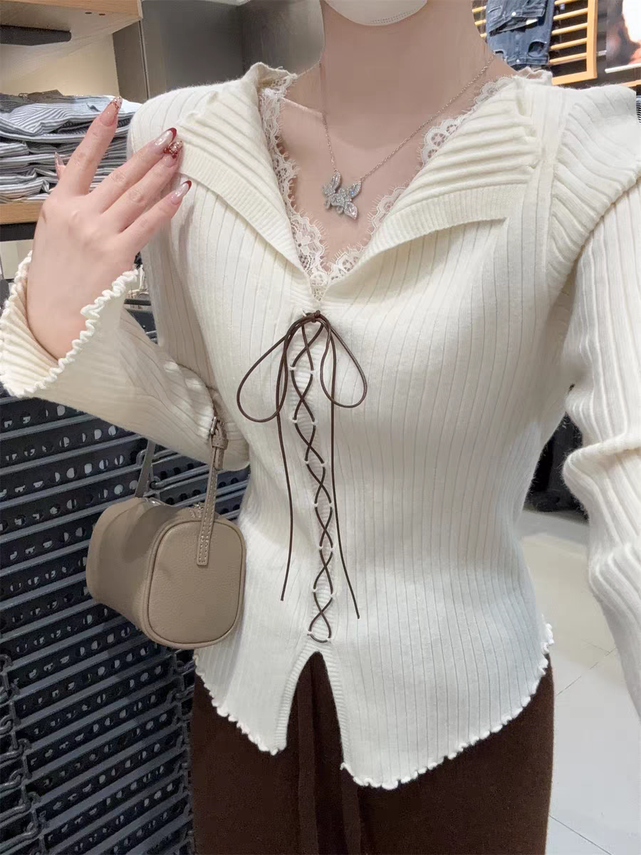 法式温柔风蕾丝拼接系带V领针织毛衣