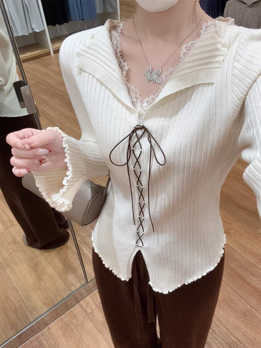 法式温柔风蕾丝拼接系带V领针织毛衣